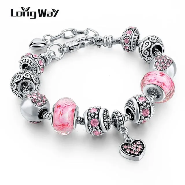 2017 Silver Charm Bracelets Christmas gift For Women With Crystal Beads Bracelets & Bangles Pulseras DIY Jewelry SBR160037