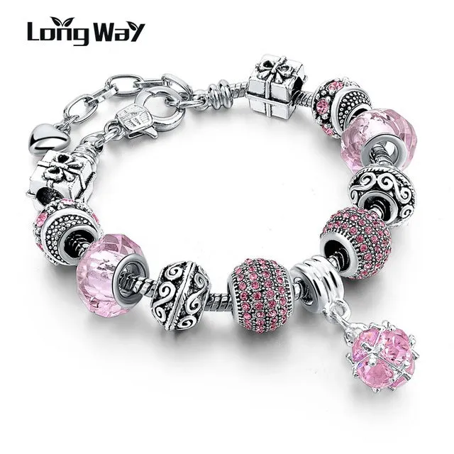 2017 Silver Charm Bracelets Christmas gift For Women With Crystal Beads Bracelets & Bangles Pulseras DIY Jewelry SBR160037