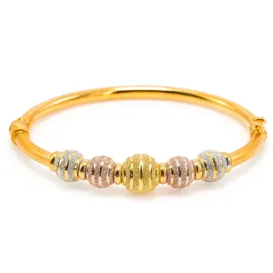 22K Multi Tone Gold Bangle W/ Rose, Yellow & White Gold Glass Blast Details on 5 Accent Balls