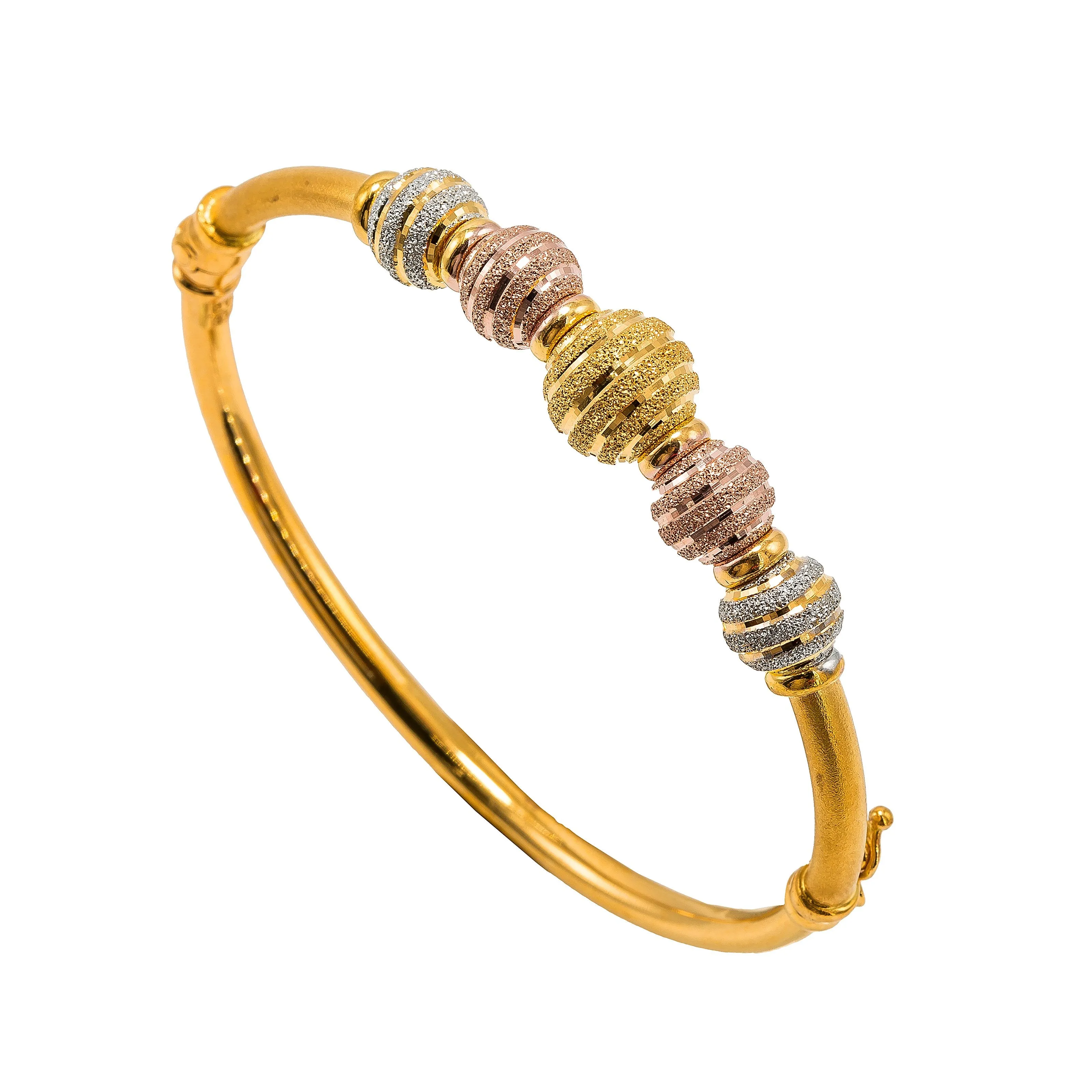 22K Multi Tone Gold Bangle W/ Rose, Yellow & White Gold Glass Blast Details on 5 Accent Balls