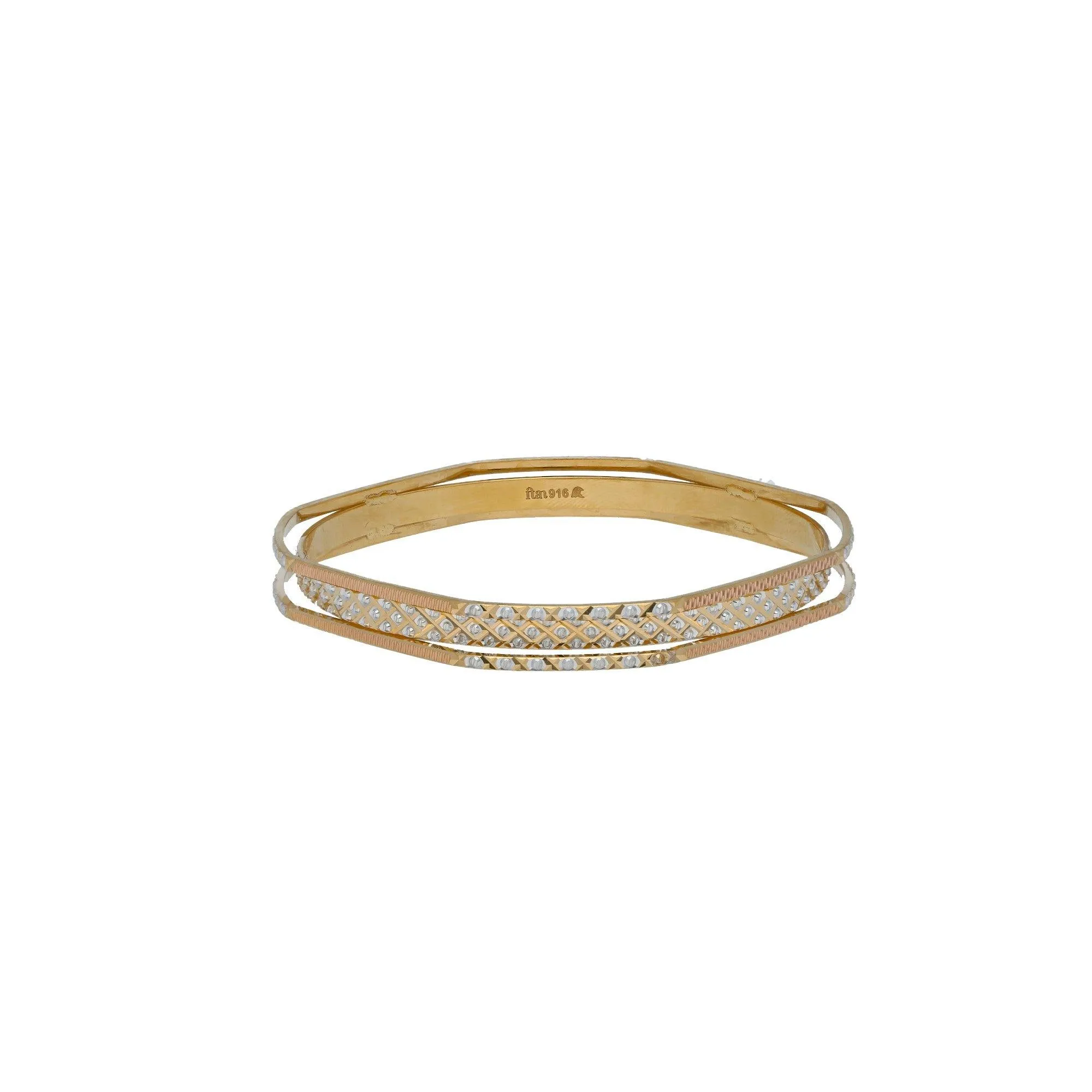 22K Multi Tone Gold Laser Bangles Set of 2 W/ Stacked Band & Diamond Cutting Accents