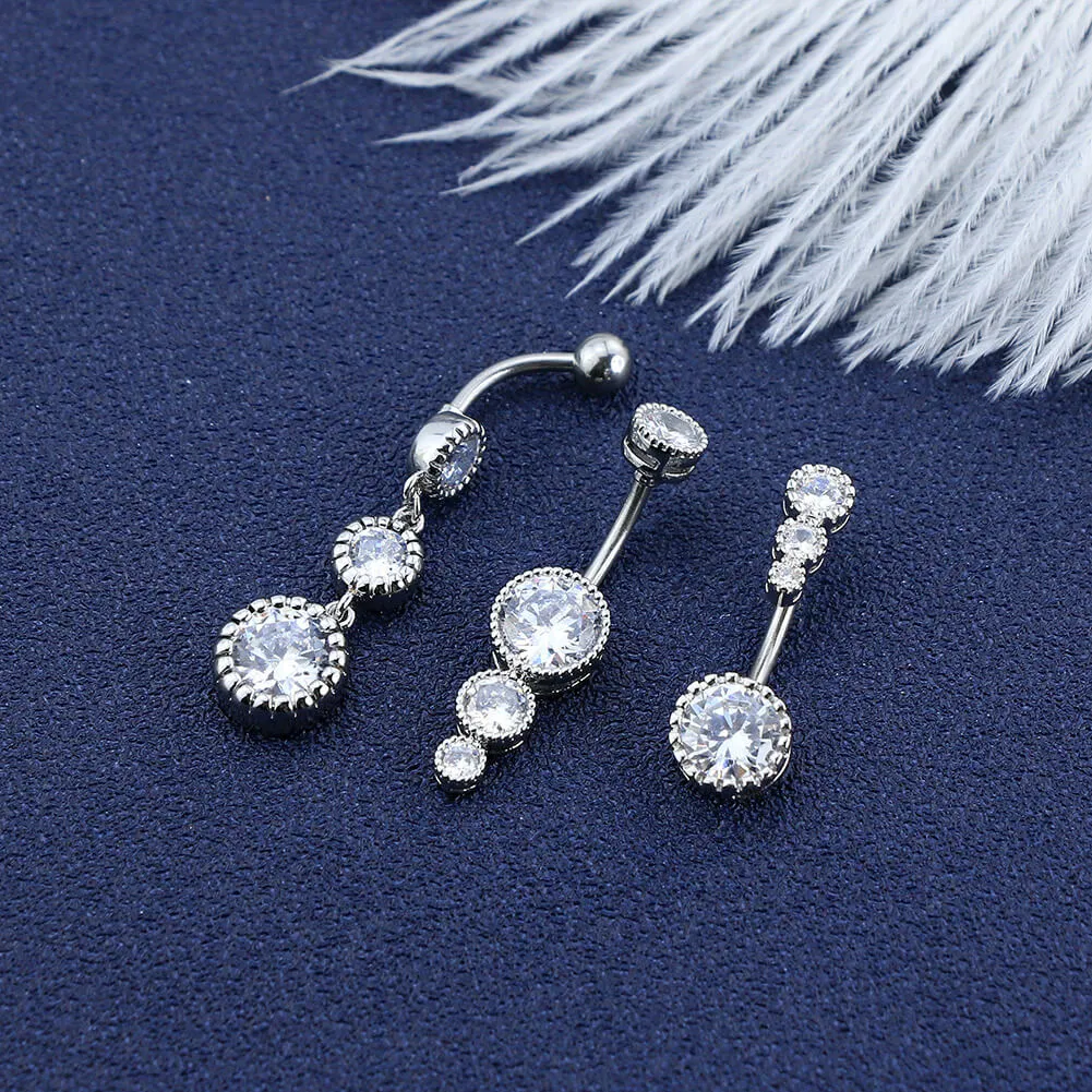 3PCS Clear CZ Belly Dangle Rings Belly Button Rings