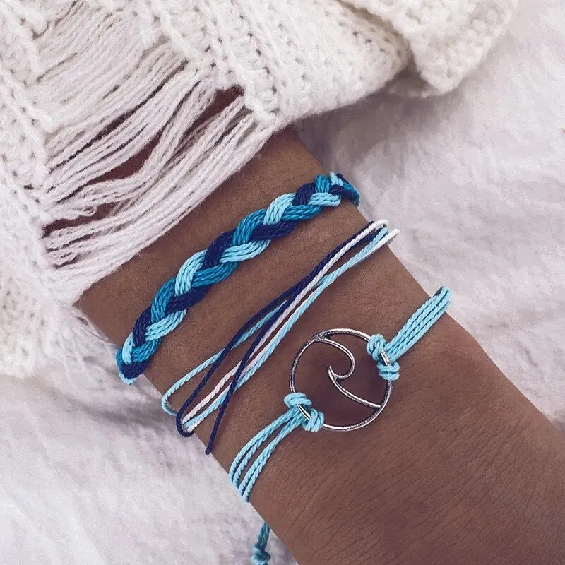 3pcs/set Bohemian Beach Surf Bracelets Set Wave Handmade Braided Bracelet Adjustable Multilayer Wristband Bracelet Women Gift