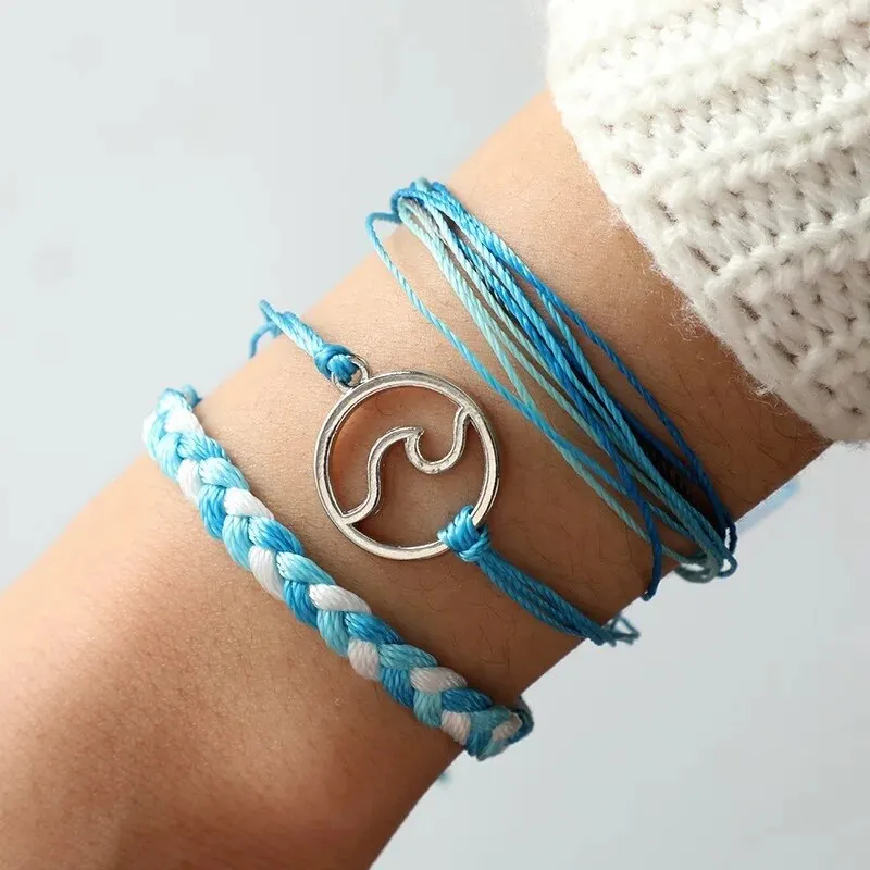 3pcs/set Bohemian Beach Surf Bracelets Set Wave Handmade Braided Bracelet Adjustable Multilayer Wristband Bracelet Women Gift