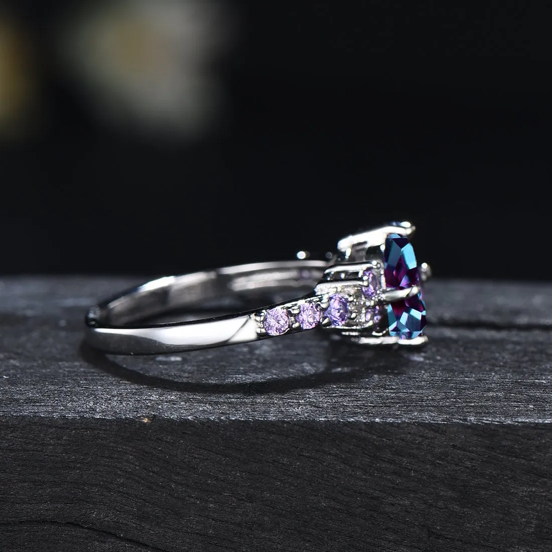 Alexandrite and Amethyst Engagement Rings June Birthstone Wedding Ring Half Eternity Amethyst Band Color-Change Alexandrite Platinum Rings