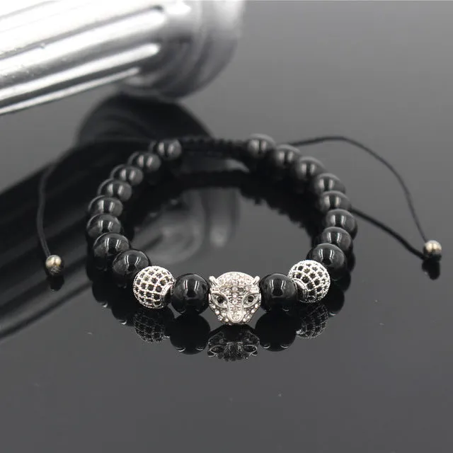 Anil Arjandas Macrame Bracelet Brass Crystal Leopard Head Charm 8mm Black Onyx Stone Bead Braided Weave Adjustable Men Bracelet