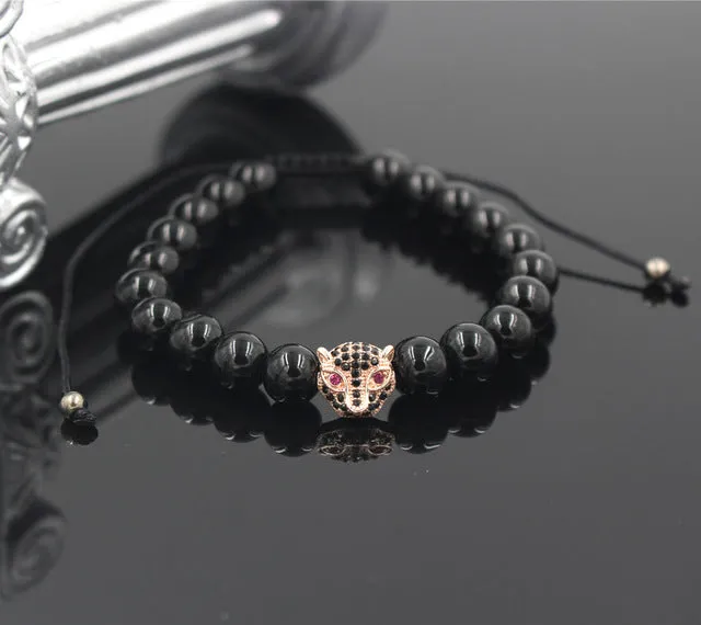 Anil Arjandas Macrame Bracelet Brass Crystal Leopard Head Charm 8mm Black Onyx Stone Bead Braided Weave Adjustable Men Bracelet