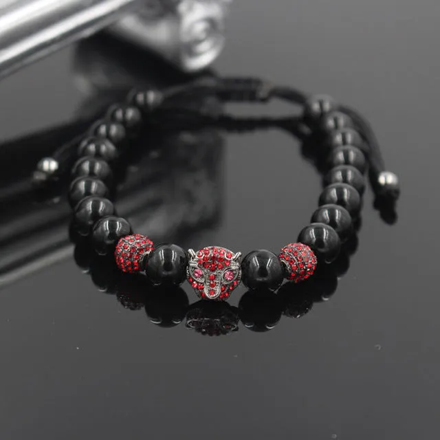 Anil Arjandas Macrame Bracelet Brass Crystal Leopard Head Charm 8mm Black Onyx Stone Bead Braided Weave Adjustable Men Bracelet