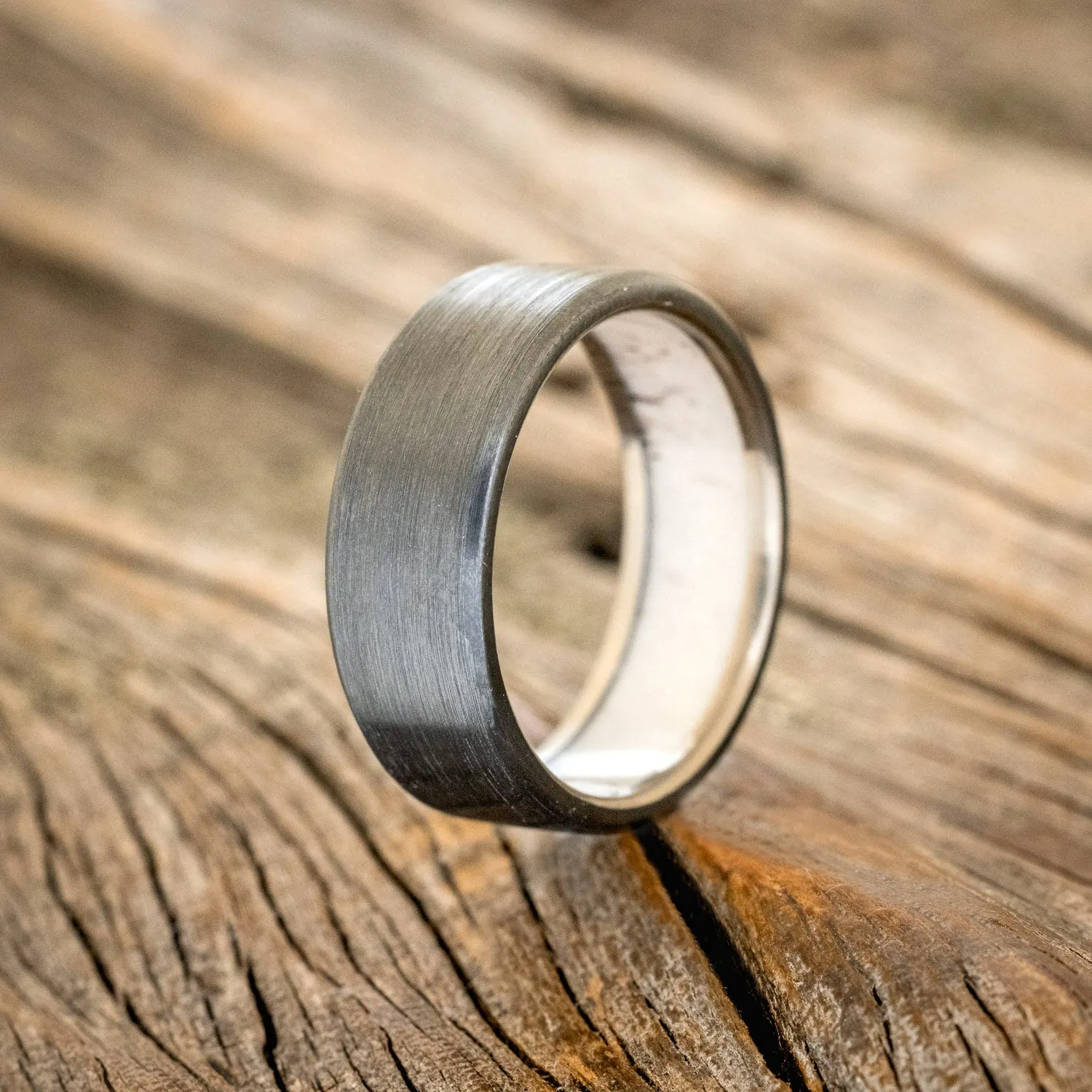 ANTLER LINED WEDDING RING WITH A BRUSHED FINISH - BLACK ZIRCONIUM - SIZE 12 1/4