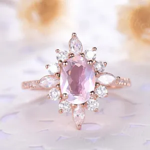 Art Deco Oval Cut Rose Quartz Engagement Ring Marquise Shaped Moissanite