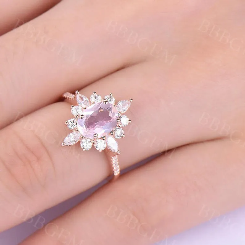 Art Deco Oval Cut Rose Quartz Engagement Ring Marquise Shaped Moissanite