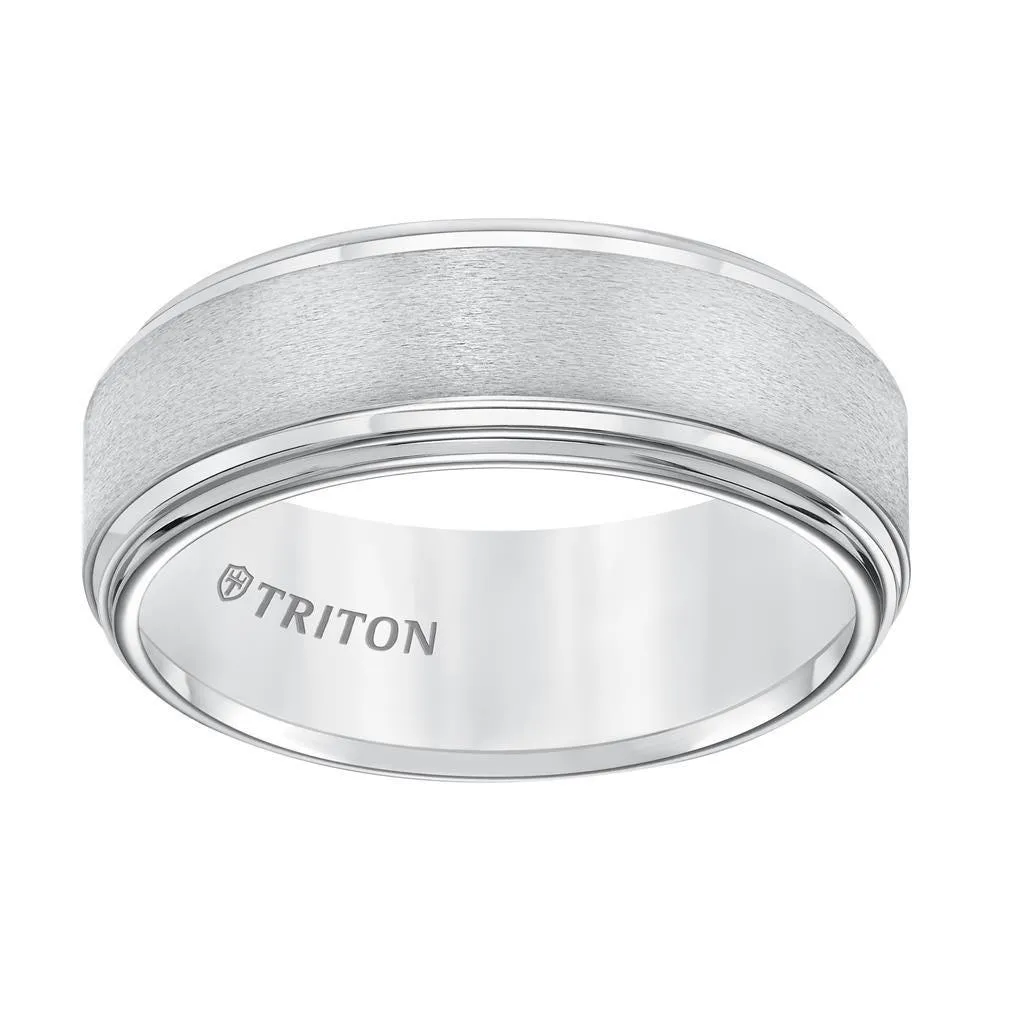 BAIN White Tungsten Band W/ A Double Stepped Edge & Satin Center W/Bright Edges by Triton Rings - 8mm