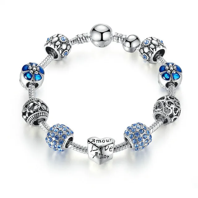 BAMOER Antique Silver Charm Bracelet & Bangle with Love and Flower Crystal Ball Women Wedding Valentine's Day Gift PA1455