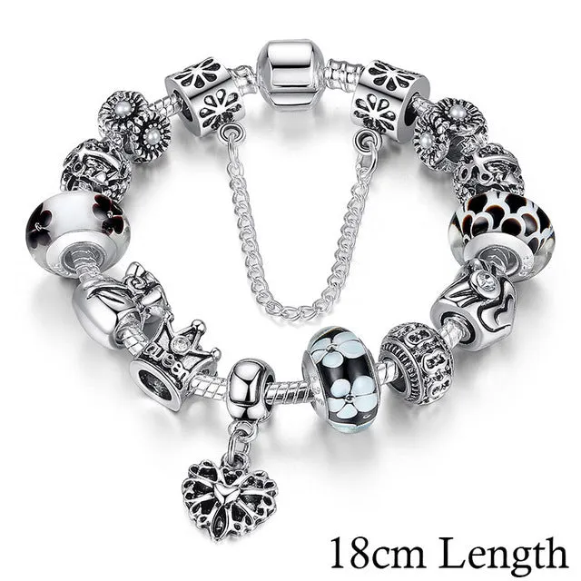 BAMOER Queen Jewelry Silver Charms Bracelet & Bangles With Queen Crown Beads Bracelet for Women PA1823