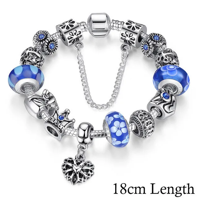 BAMOER Queen Jewelry Silver Charms Bracelet & Bangles With Queen Crown Beads Bracelet for Women PA1823