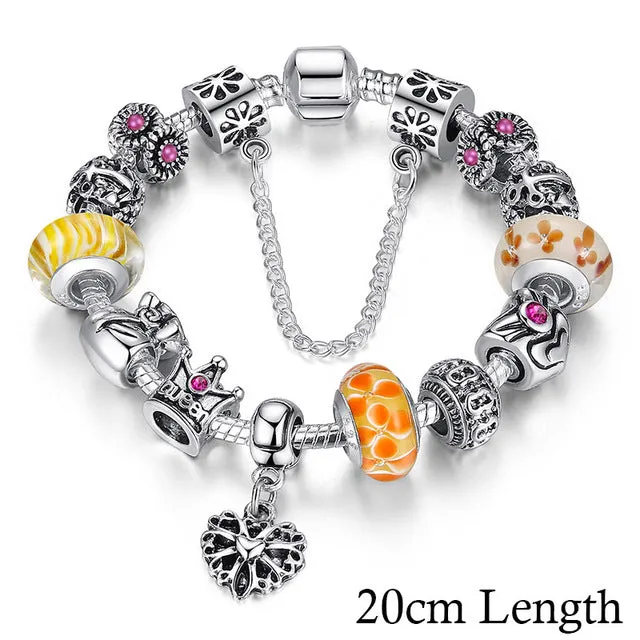 BAMOER Queen Jewelry Silver Charms Bracelet & Bangles With Queen Crown Beads Bracelet for Women PA1823