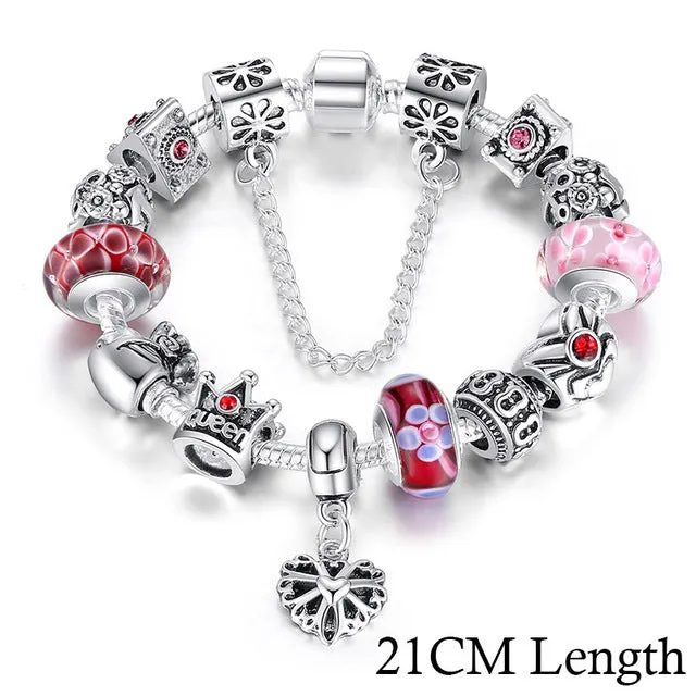 BAMOER Queen Jewelry Silver Charms Bracelet & Bangles With Queen Crown Beads Bracelet for Women PA1823