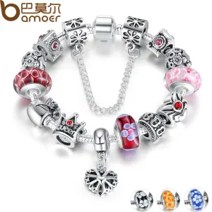 BAMOER Queen Jewelry Silver Charms Bracelet & Bangles With Queen Crown Beads Bracelet for Women PA1823