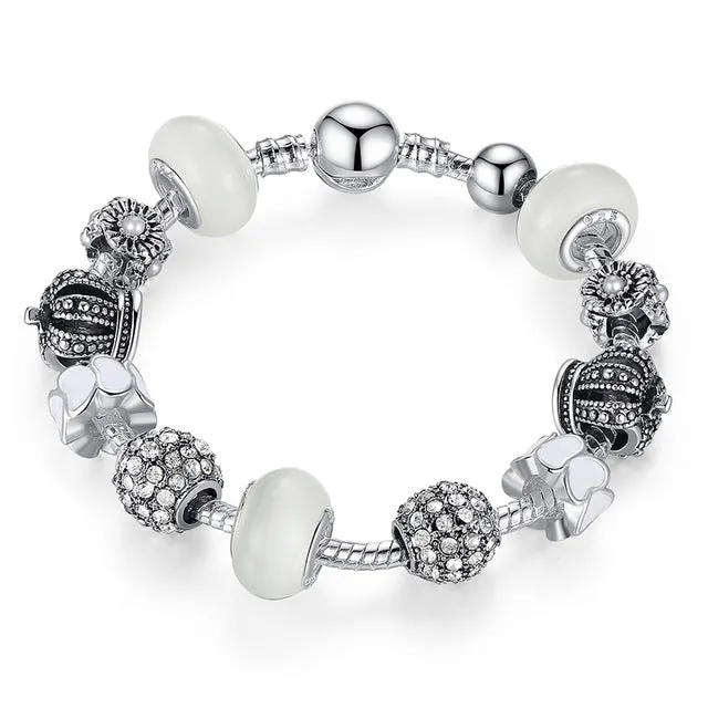 BAMOER Silver Charm Bracelet & Bangle with Royal Crown Charm and Crystal Ball White Beads for Women Drop Shipping PA1456