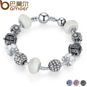 BAMOER Silver Charm Bracelet & Bangle with Royal Crown Charm and Crystal Ball White Beads for Women Drop Shipping PA1456