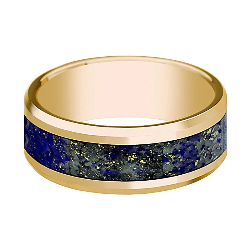 Beveled 14k Yellow Gold Men's Wedding Band with Blue Lapis Lazuli Inlay Polished Finish - 8MM