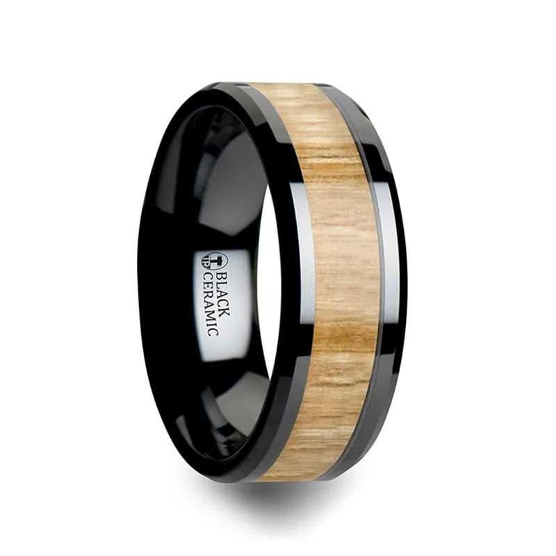 BILTMORE | Black Ceramic Ring, Ash Wood Inlay, Beveled