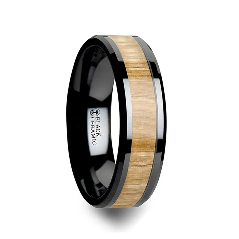 BILTMORE | Black Ceramic Ring, Ash Wood Inlay, Beveled