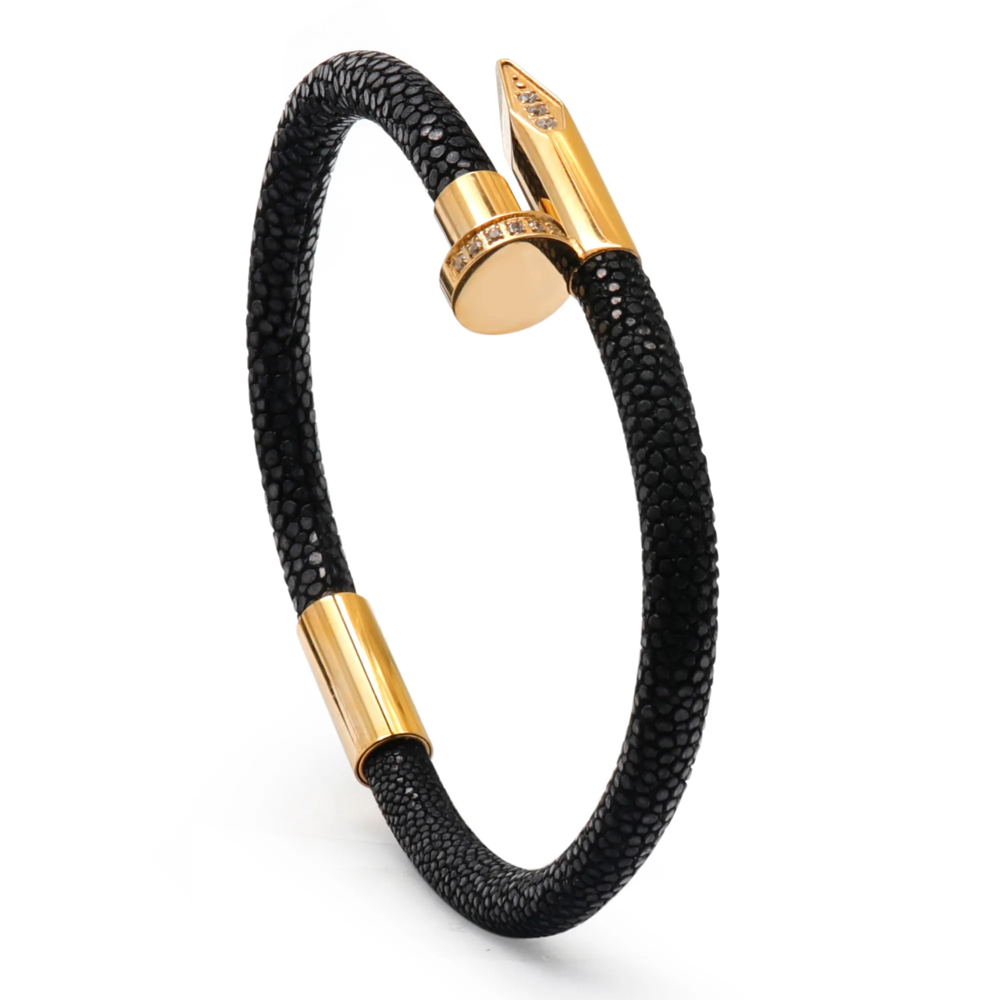 Bracelet - Black Leather with Golden Nail and Zircon