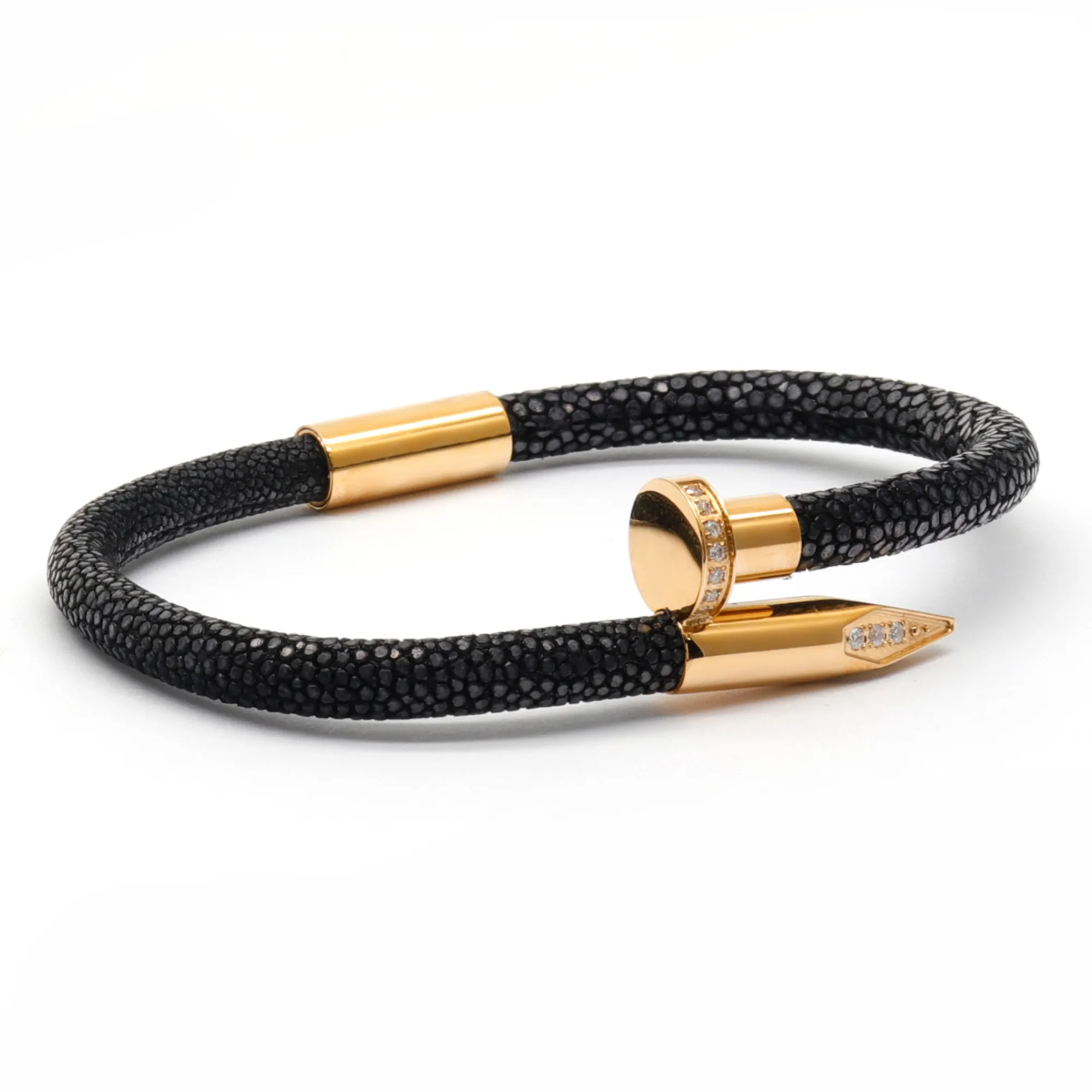 Bracelet - Black Leather with Golden Nail and Zircon