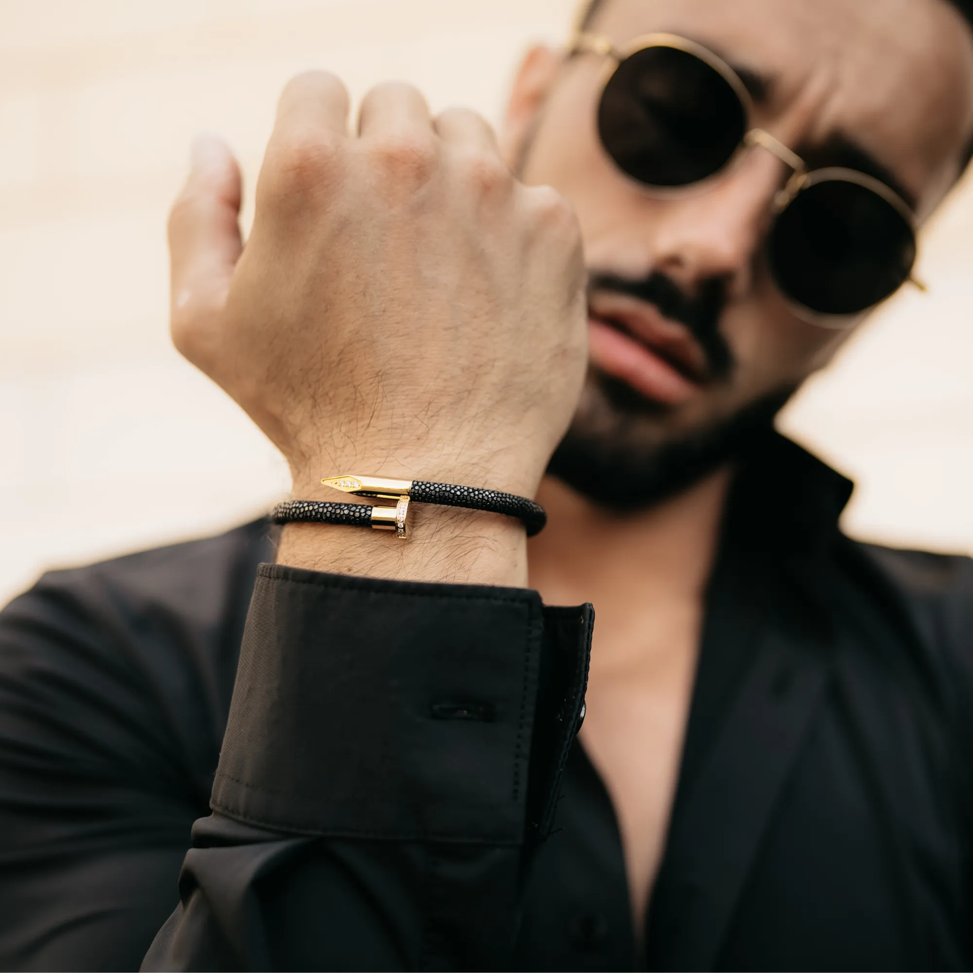 Bracelet - Black Leather with Golden Nail and Zircon