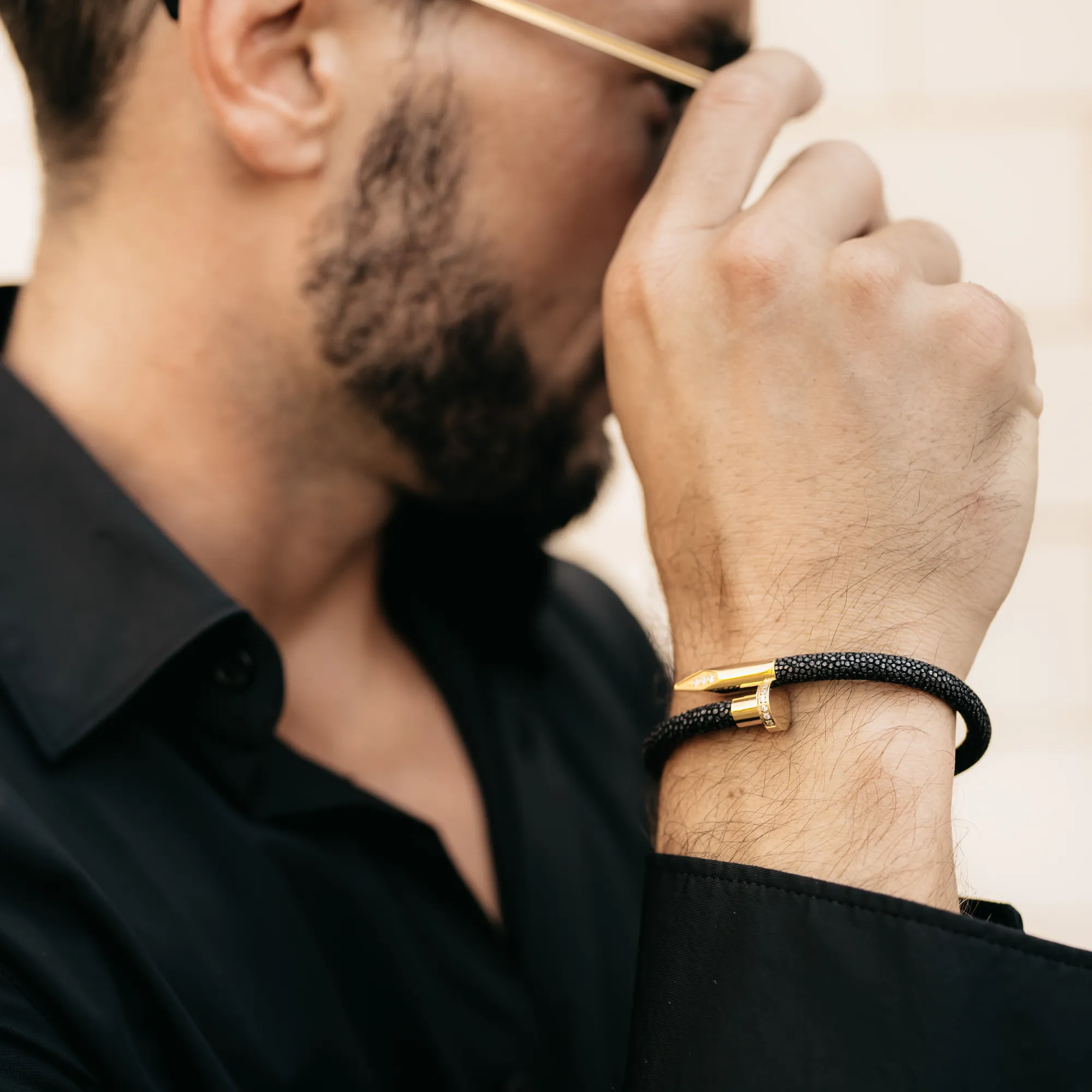 Bracelet - Black Leather with Golden Nail and Zircon