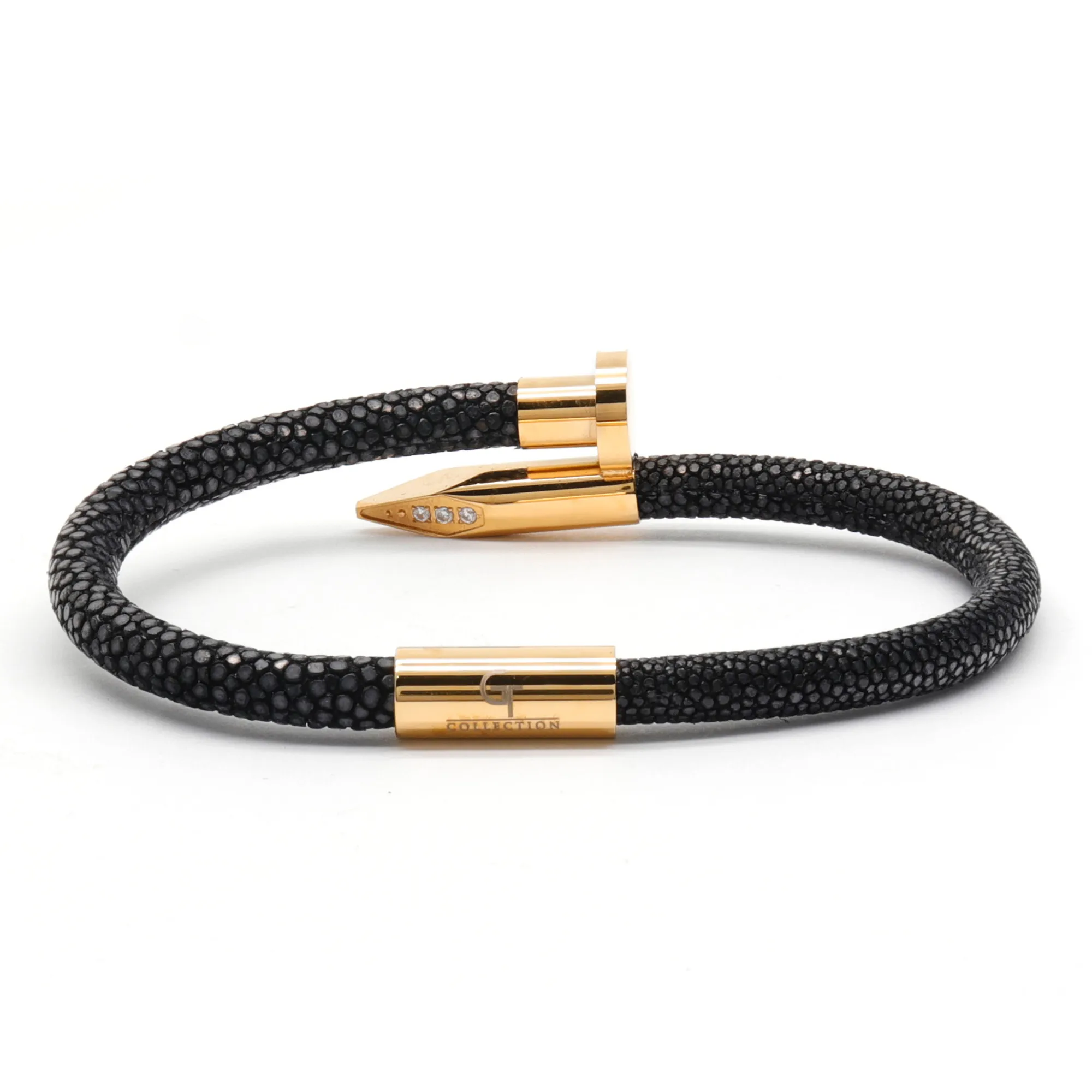 Bracelet - Black Leather with Golden Nail and Zircon