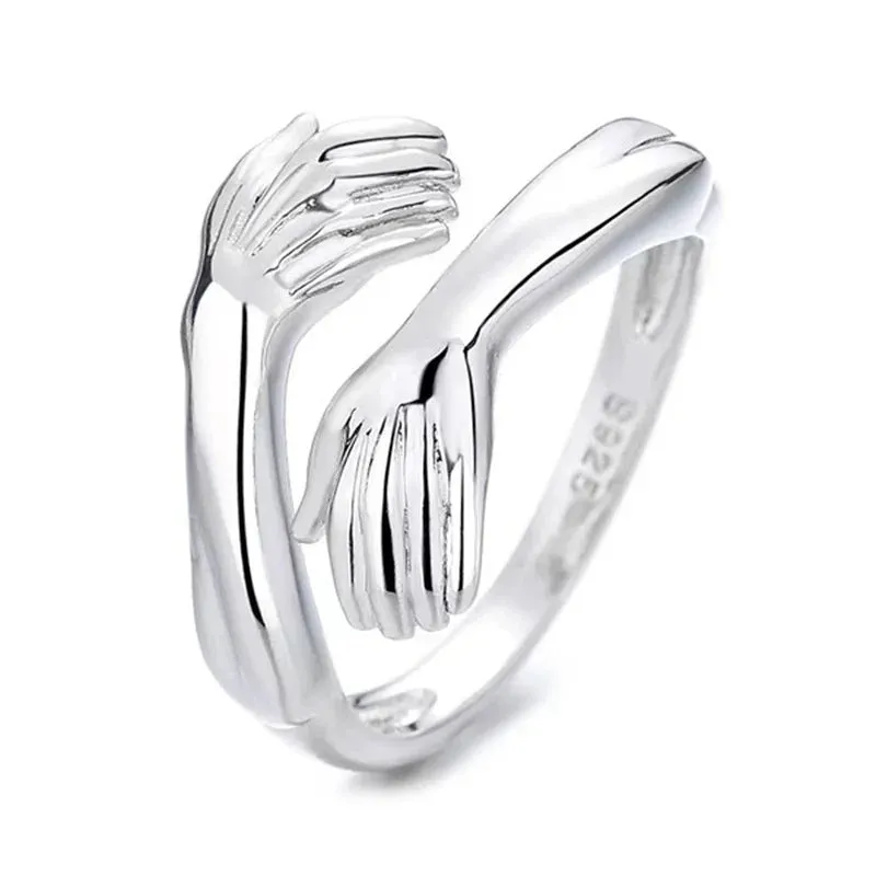 Classic Creative Silver Color Hug Rings for Women Fashion Metal Carved Hands Open Ring Birthday Party Jewelry