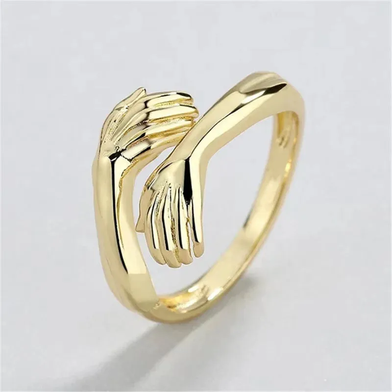 Classic Creative Silver Color Hug Rings for Women Fashion Metal Carved Hands Open Ring Birthday Party Jewelry