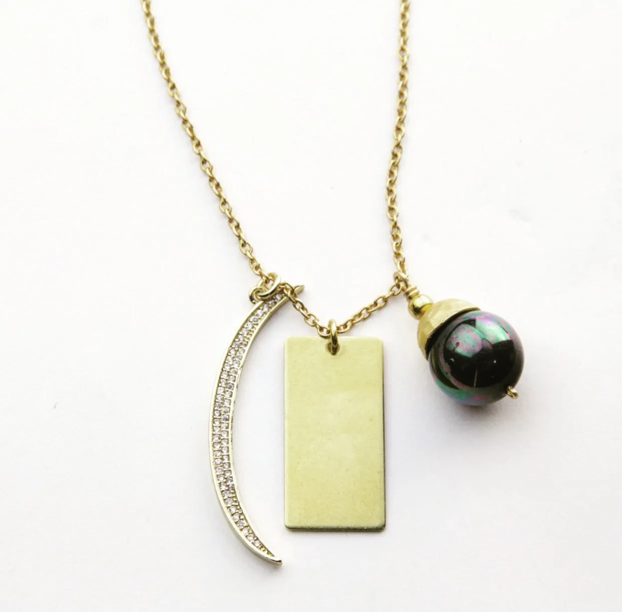 Crescent Moon and Pearl Tag Necklace