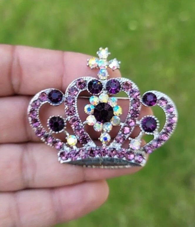 Crown brooch stunning vintage look silver plated stones royal design broach k11