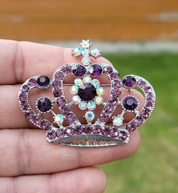 Crown brooch stunning vintage look silver plated stones royal design broach k11