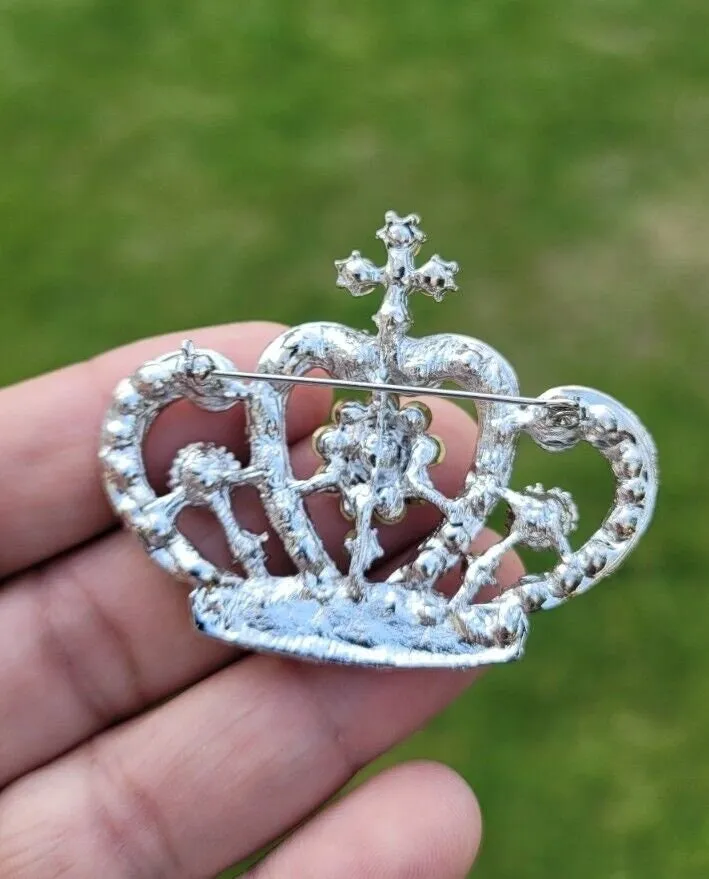 Crown brooch stunning vintage look silver plated stones royal design broach k11