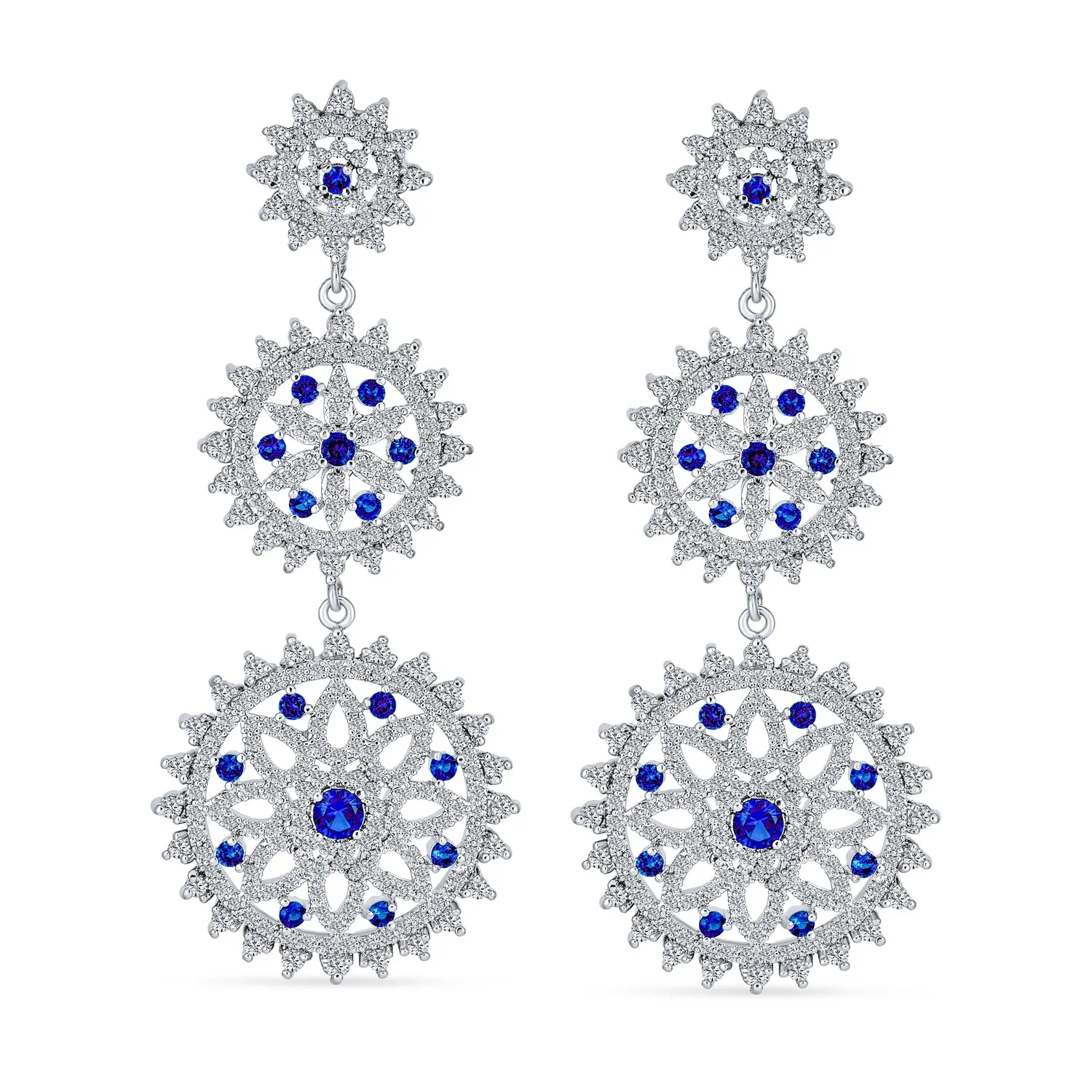 CZ Clear Blue Multi Circle Dangle Chandelier Earrings for Wedding Prom Silver Plated