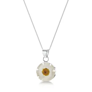 Daisy necklace by Shrieking Violet® Sterling silver & real daisy in a round pendant.