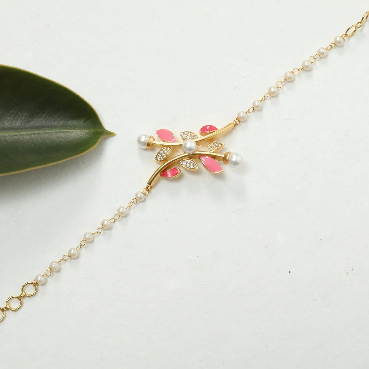 Eriha Pearl CZ Pink Leaf Chain Bracelet