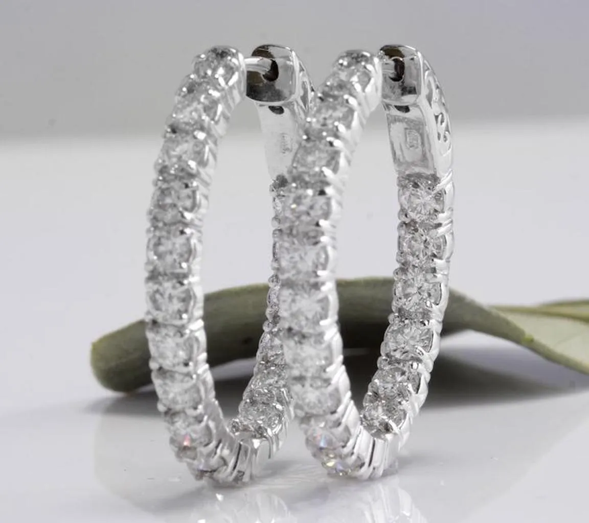 Exquisite 3.25 Carats Natural Diamond 14K Solid White Gold Hoop Earrings