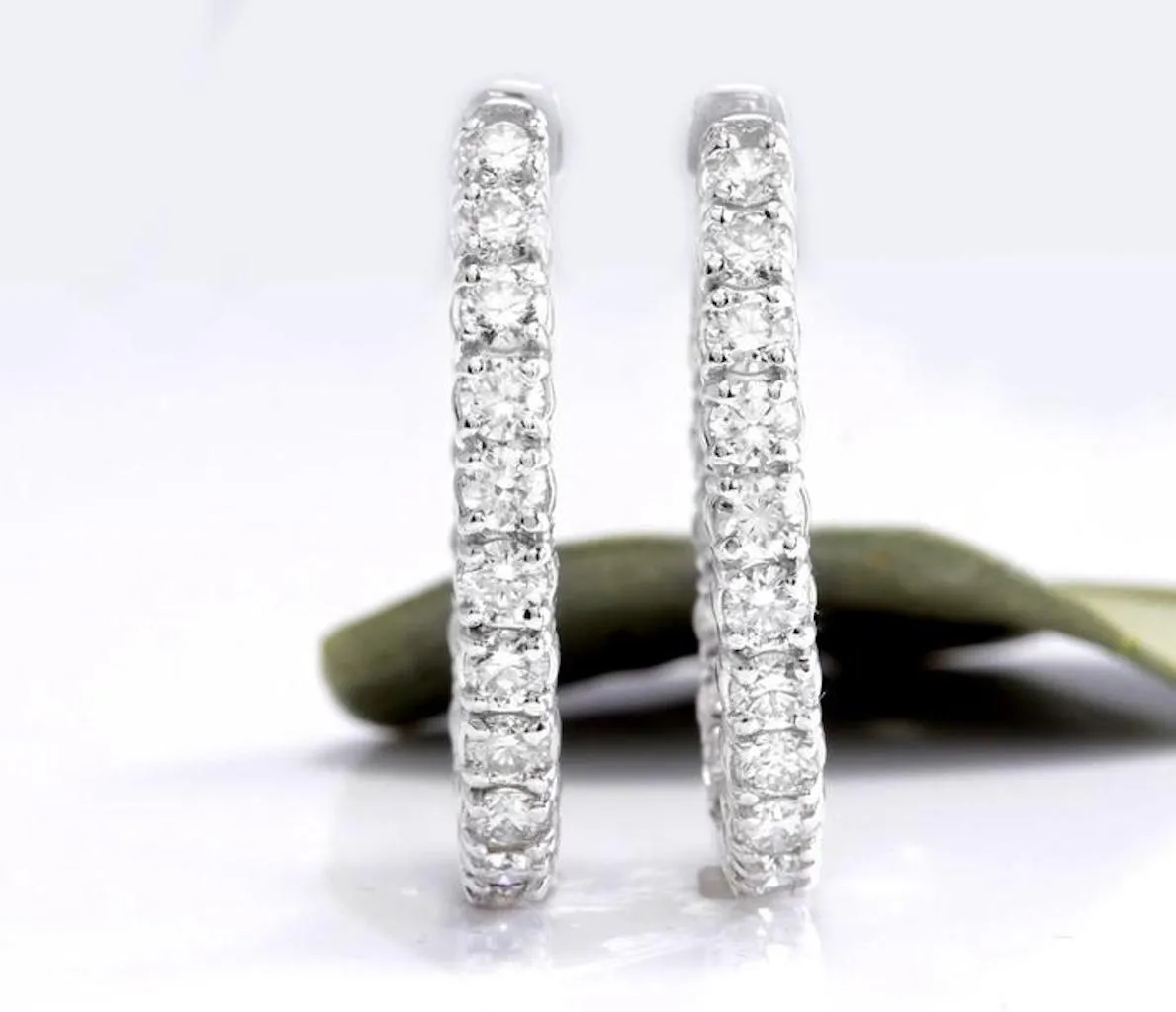 Exquisite 3.25 Carats Natural Diamond 14K Solid White Gold Hoop Earrings