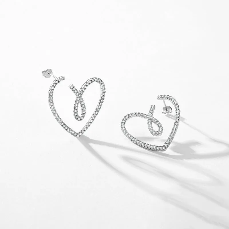 Exquisite Heart-shaped Sterling Silver Earrings with Micro Inlaid Zircon