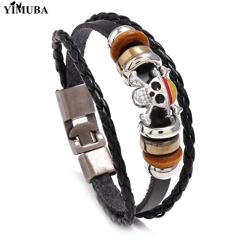 Fashion One Piece Luffy Pirate Logo Bracelet Punk Black Leather Braided Punk Rock Bangles Jewelry Accessories Best Friends Gift