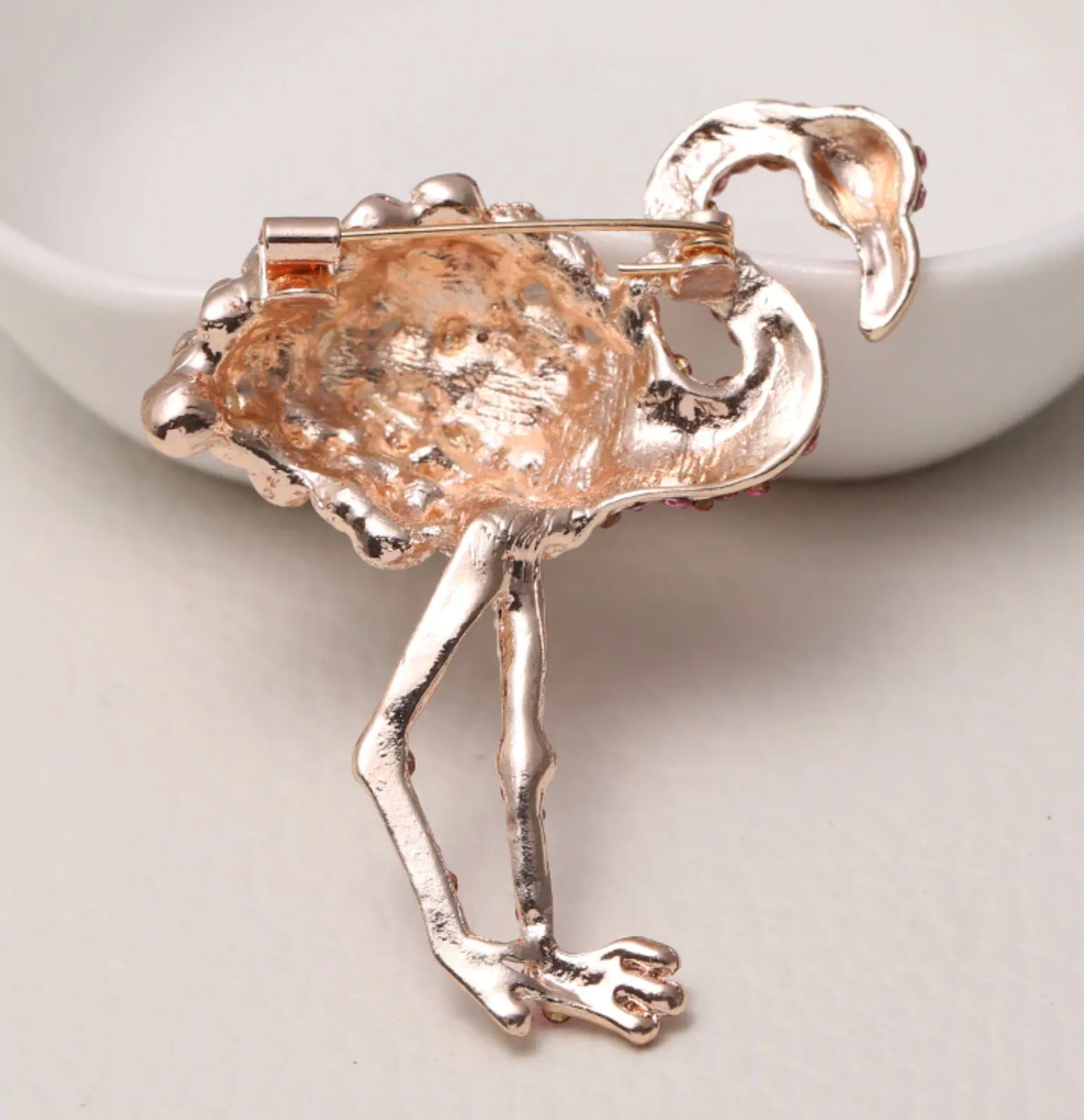 Flamingo brooch rose gold plated vintage look stunning diamonte christmas pin jj