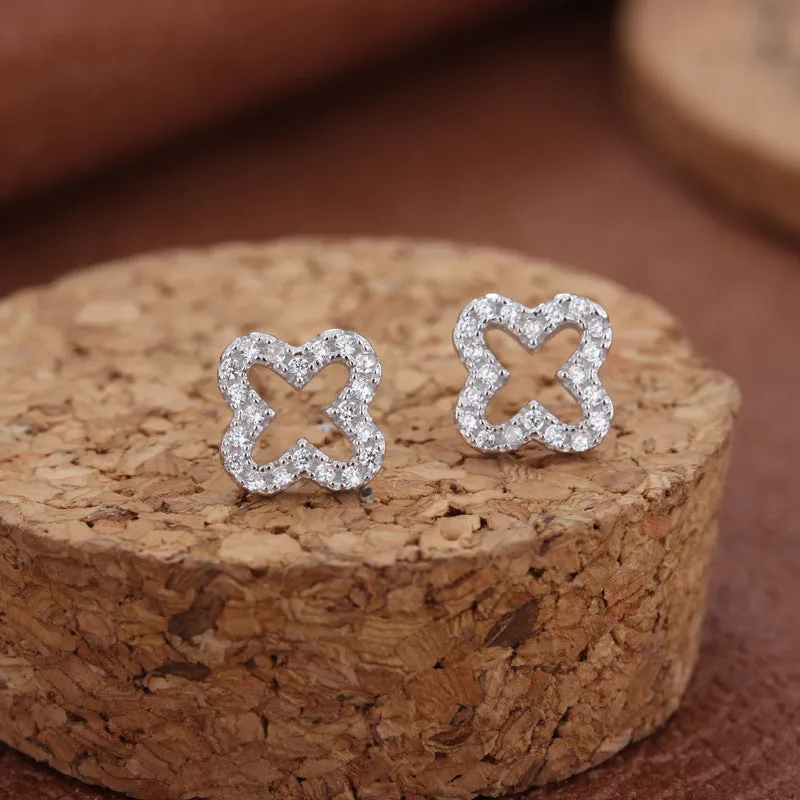 Full Zircon Hollow Four-leaf Clover Silver Studs Earrings for Women