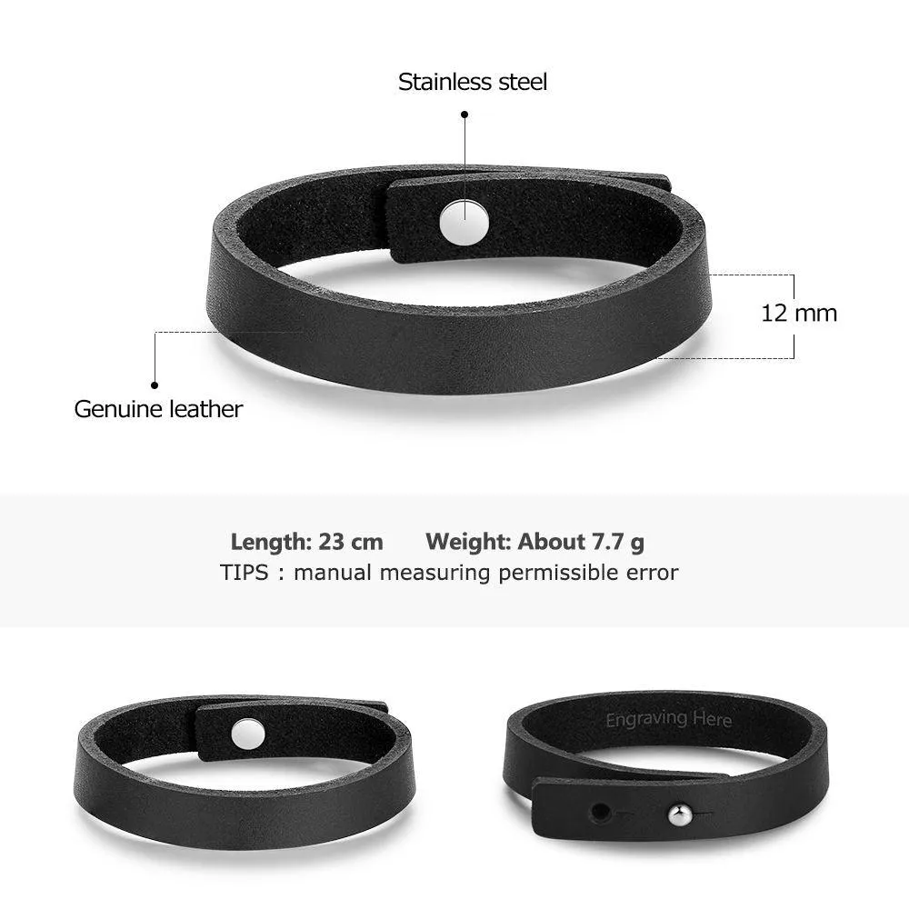 Genuine Leather Trendy Bracelets for Men, Engravable Black Wristbands