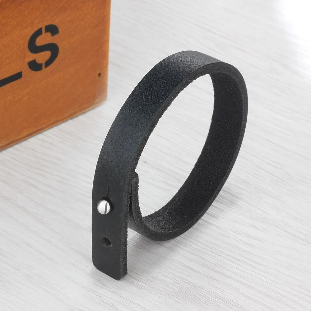 Genuine Leather Trendy Bracelets for Men, Engravable Black Wristbands