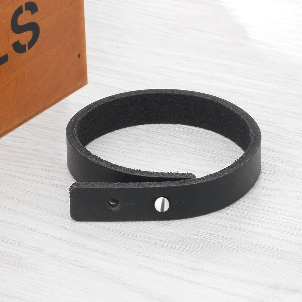 Genuine Leather Trendy Bracelets for Men, Engravable Black Wristbands